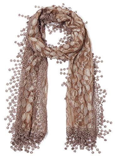 Cindy and Wendy Lightweight Soft Leaf Lace Fringes Scarf shawl for Women,Brown,One Size