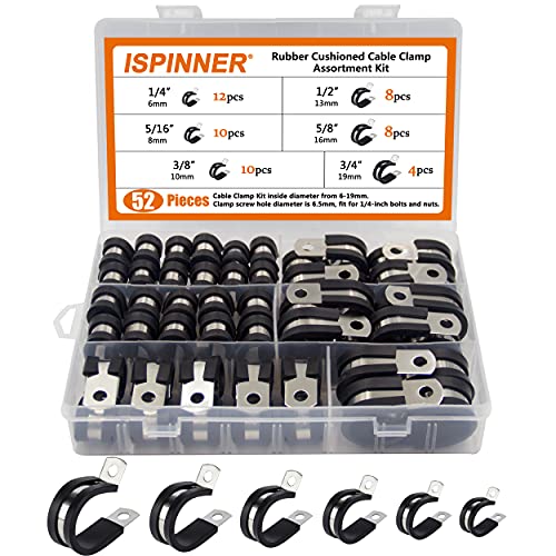 ISPINNER 52pcs Cable Clamps Assortment Kit, 304 Stainless Steel Rubber Cushion Pipe Clamps in 6 Sizes 1/4' 5/16' 3/8' 1/2' 5/8' 3/4'