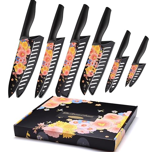 Marco Almond Knife Set Artistic Designed Pattern Kitchen Knife 6 Stainless Steel Kitchen Knives w 6 Blade Guards,Dishwasher Safe Gifts for Family Kitchen Gift for Chefs Wedding Presents
