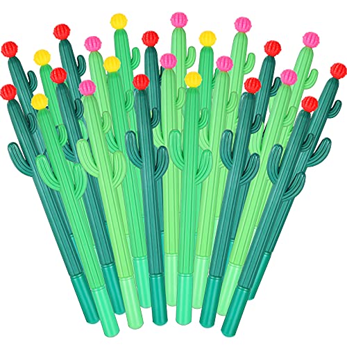 Outus 24 Pieces Cactus Pens Cactus Shaped Roller Pens Kids Green Cactus Pens Saguaro Shaped Pen Black Gel Ink with Flower for Classroom Office School Student Gift Supplies Cactus Decor (Cute Style)