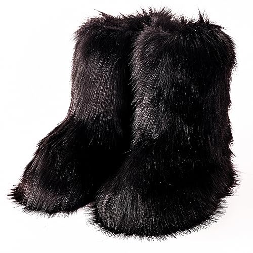 Valpeak Snow Boots for Women 2023 Furry Boots Winter Knee High Flat Heel Fluffy Faux Fur Boots(Black,8)