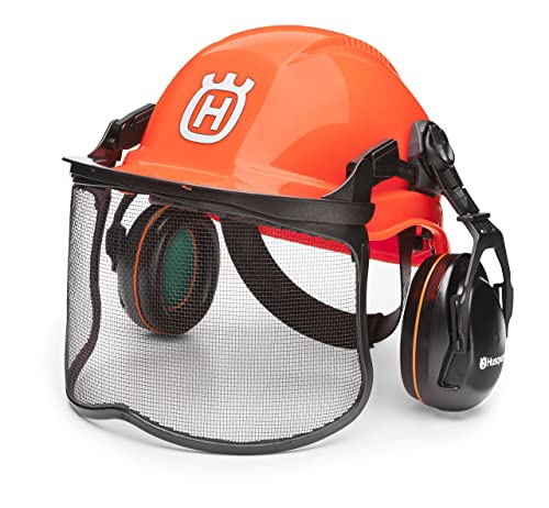 Husqvarna 592752601 Chainsaw Helmet with Metal Mesh Face Shield, Adjustable Ear Muffs for Hearing Protection, and Sun Peak, HDPE Forestry Helmet Shell, Orange