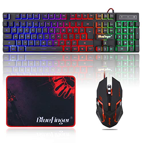 BlueFinger RGB Gaming Keyboard and Backlit Mouse Combo, USB Wired, LED Gaming set for Laptop PC Computer Game and Work