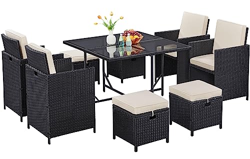 Yaheetech 9-Piece Patio Dining Sets Outdoor Space Saving Rattan Chairs with Glass Table, Wicker Patio Furniture Sets Outdoor Sectional Conversation Set with Removeable Cushions, Black