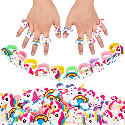 48 Pieces Unicorn Rings for Girls Rainbow Rings Multi-Color Rubber Unicorn Cupcake Rings for Birthday Party Unicorn Party Favors