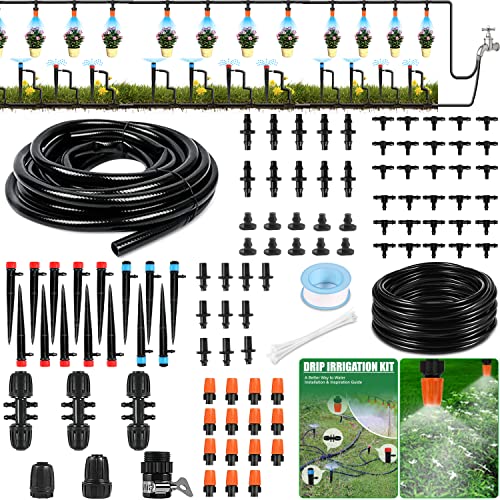 Drip Irrigation Kit, 43m/141ft Garden Watering System with Quick Adapter 1/4 Distribution Tubing Hose Adjustable Nozzle Water Sprinkler No Leaking Automatic Irrigation System Misting for Greenhouse