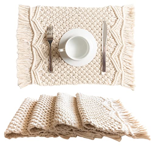 SnugLife Macrame Placemats Set of 4 - Handmade Cotton Woven Boho Placemats - Modern Farmhouse Fringe Placemats for Dining Table, Kitchen, Bohemian Wedding Décor, Rustic Natural Off White, 12”x20”