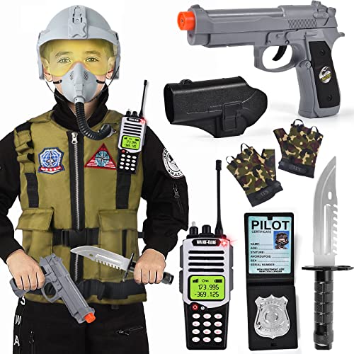 Golray Fighter Pilot Costume Kids Boy Halloween Cosplay Gift Air Force Army Role Play Dress Up with Helmet Accessory Toy