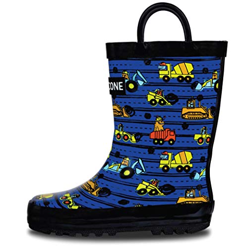 Lone Cone Rain Boots with Easy-On Handles in Fun Patterns for Toddlers and Kids, Construction Monsters, 8 Toddler