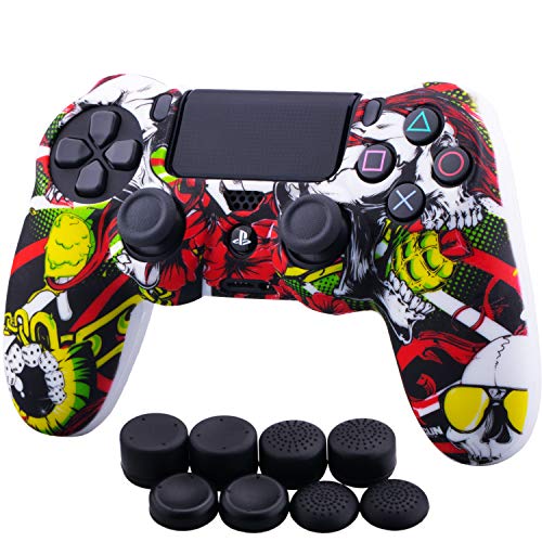 YoRHa Water Transfer Printing Camouflage Silicone Cover Skin Case for Sony PS4/slim/Pro dualshock 4 Controller x 1(Poker) with Pro Thumb Grips x 8