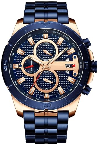 FANMIS Mens Luxury Watches Business Chronograph Dress Waterproof Stainless Steel Analog Quartz Wrist Watch (Blue)