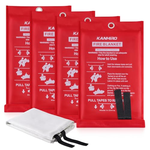 Emergency Fire Blanket for Home Kitchen - KANHIRO Fiberglass Fire Suppression Blanket Great for School, Fireplace, Grill, Car, Office, Warehouse (4 Pack, 39 in X 39 in)