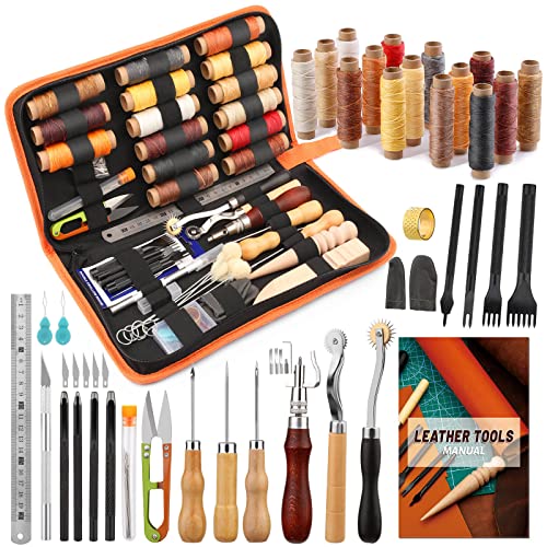BUTUZE Leather Working Tools, Leather Tool Kit, Practical Leather Craft Kit with Waxed Thread Groover Awl Stitching Punch Hole for Leathercraft Beginner or Adults Gifts - Comes with Tool Manual