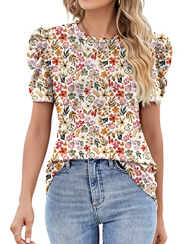 Ivicoer Womens Summer Tops 2024 Blouses for Women Dressy Casual Puff Short Sleeve T Shirt Bohemian Shirt Vacation M