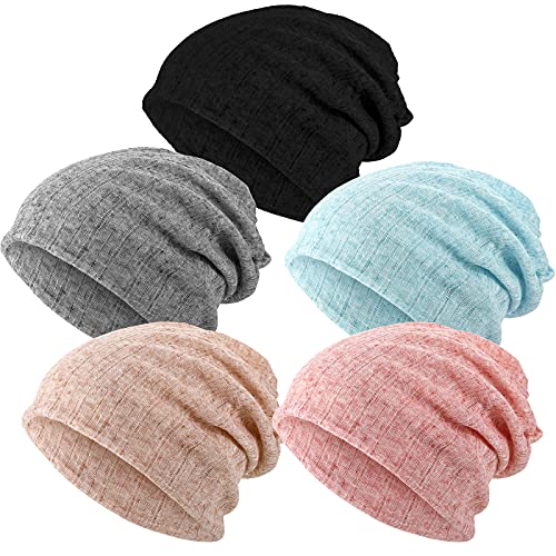 5 Pieces Women's Slouchy Beanie Hat Stretch Turban Hats Cancer Headwear Caps Baggy Skull Sleep Scarf (Pure Color Style) Multicoloured