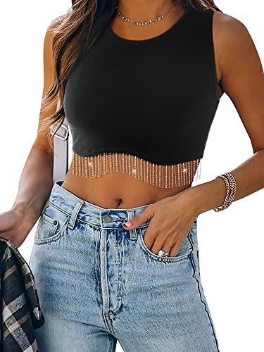 Womens Nashville Sparkly Rhinestone Fringe Sleeveless Crop Tops Y2K Raceback Ribbed Cropped Tank Tops with Glitter Tassel Medium