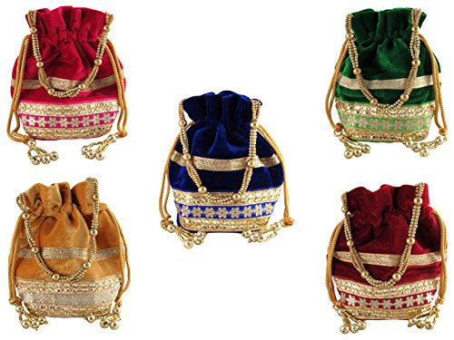 GOLD GIFT IDEAS GoldGiftIdeas Indian Potli Bags for Wedding, Bridal Clutch, Bridal Purse for Party, Velvet Bridal Potli Bags, Traditional Potli Bags, Party Favor Bags (Pack of 5)