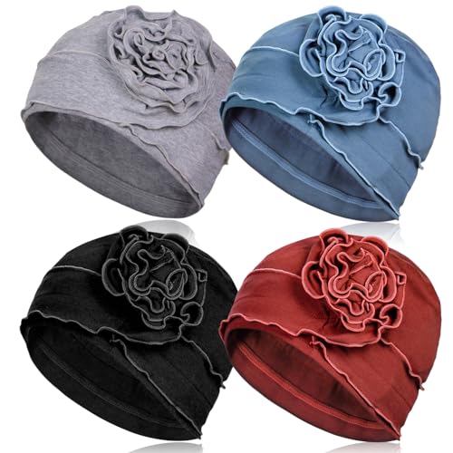 AIPESL 4 Pieces Cotton Chemo Turban Headwear, Soft Cancer Headwear Elastic Cancer Cap for Women with Hair Loss