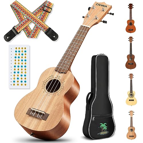 CAHAYA 21 Inch Ukulele Mahogany Beginner Kit Soprano Ukelele with Gig Bag Rainbow Strap Fretboard Stickers for Both Adults and Kids Professional Hawaiian Ukalalee Gifts CY0068