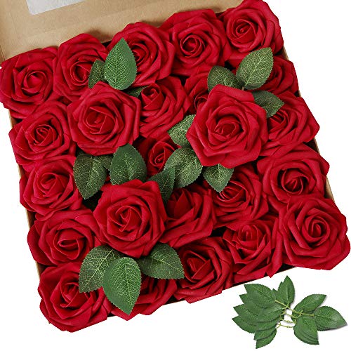 AmyHomie Artificial Flowers Dark Red Rose 50pcs Real Looking Fake Roses w/Stem for DIY Wedding Bouquets Centerpieces Arrangements Party Baby Shower Home Decorations