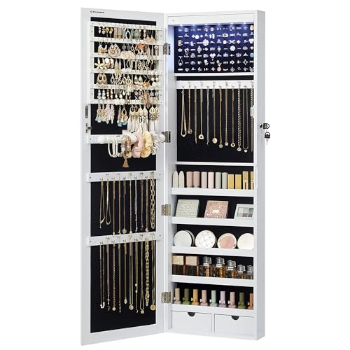 SONGMICS 6 LEDs Mirror Jewelry Cabinet, 47.2-Inch Tall Lockable Wall or Door Mounted Jewelry Armoire Organizer with Mirror, 2 Drawers, 3.9 x 14.6 x 47.2 Inches, Mother's Day Gifts, White UJJC93W