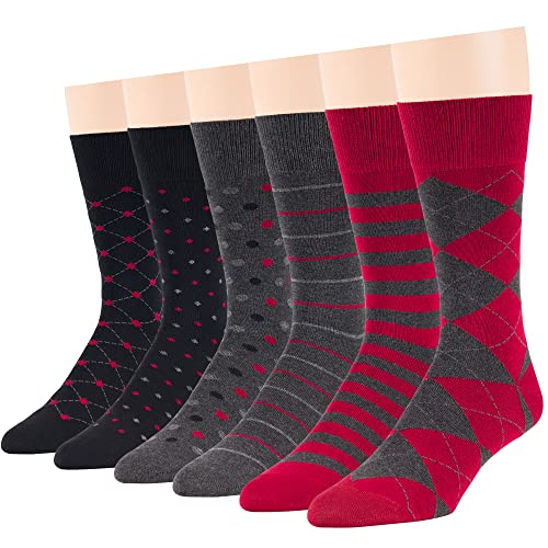 7BIGSTARS KINGDOM Men's Dress Socks Cotton -6 pack- Novelty Casual Seamless Argyle, Polka Dot, Striped Sock Size 10-13 Shoe Size 9-12 L Red, Charcoal, Black (A38)