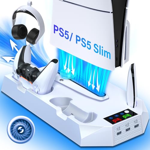 PS5 Slim Stand with Cooling Station for PS5 & PS5 Slim Console Disc/Digital Edition, PlayStation 5 Cooling Station with Dual PS5 Controller Charger, 3 Levels Cooling Fan, 3 USB Hubs, Headset Holder