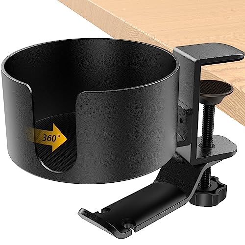 2 in 1 PC Gaming Headset Hanger & Desk Cup Holder Metal, Under Desk Design, 360° Rotating Headphone Stand Anti-Spill Cup Holder Clamp for Xbox, PS4, PS5, PC Gaming Desk Organizer Accessories