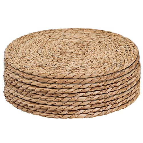 Defined Deco Woven Placemats Set of 10,12' Round Rattan Placemats,Natural Hand-Woven Water Hyacinth Placemats,Farmhouse Weave Place Mats,Rustic Braided Wicker Table Mats for Dining Table,Home,Wedding.