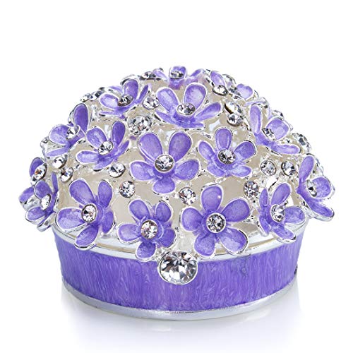 YU FENG 3inch Hinged Trinket Boxes Crystal Jeweled Enameled Purple Forget Me Not Flower Butterfly Trinket Jewelry Box for Women Girls