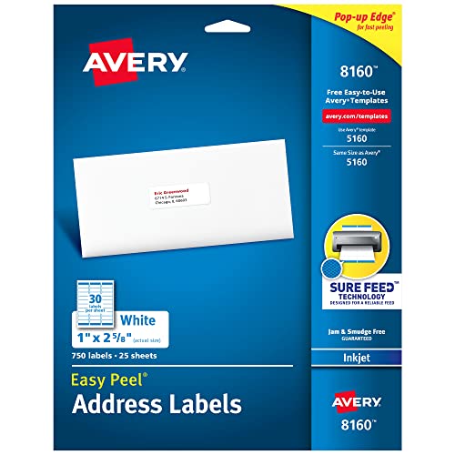Avery Easy Peel White Inkjet Address Labels, 8160, 1' x 2 5/8', Pack of 750
