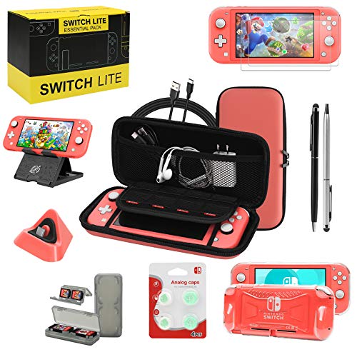 Switch Lite Accessories Bundle, Kit with Carrying Case,TPU Case Cover with Screen Protector,Charging Dock,Playstand, Game Case, USB Cable, Stylus,Thumb Grip Caps for Nintendo Switch Lite