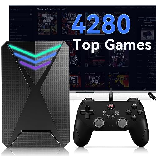Retro Game Console with Built in 4280 Top Games, Emulator Console Compatible with PS4/PS3/PS2/WII/WIIU/PSP, 2TB External Hard Drive with LaunchBox System, Portable Game HDD with 18 Emulators