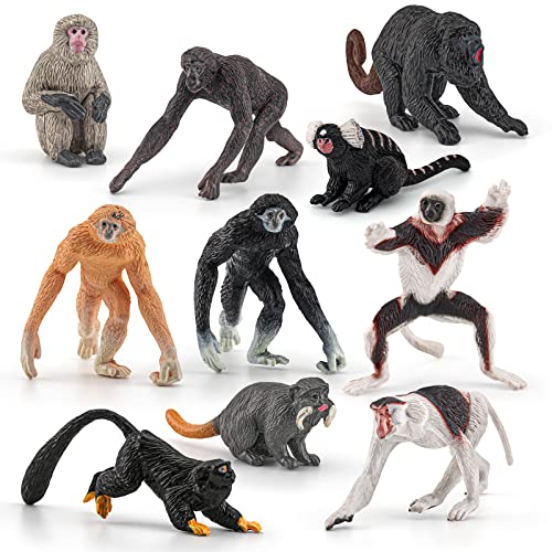 Fantarea Wild Life Jungle Animal Model Playsets 10 PCS Mini Monkey Figurines Proboscis Monkeys Japanese Macaques Marmosets Gibbons Lemurs Action Figure Toy for Child Kids Decor Gift
