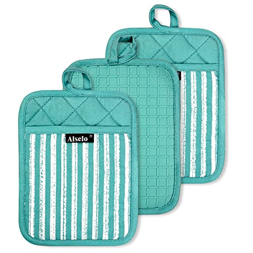 Alselo Silicone Pot Holders Set of 3 Heat Resistant & Non Slip Potholders, Professional Oven Hot Pads with Pockets Mitts for Kitchen Cooking Baking Barbecue