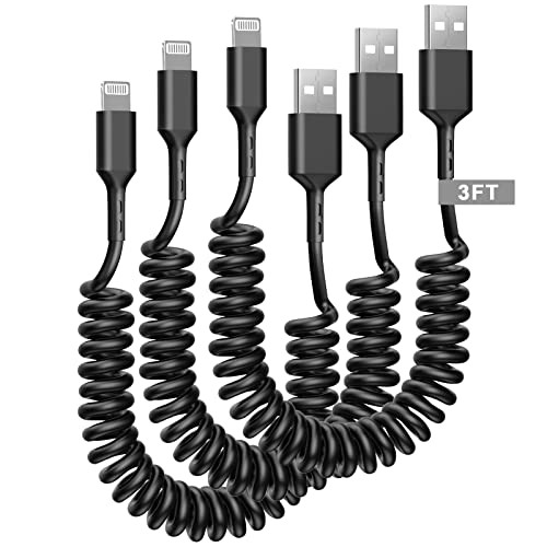 Coiled iPhone Charging Cable for Carplay,[Apple MFi Certified] 3 Pack Lightning Charger Cable for Car,3FT Lightning Charging Cord for iPhone 14/13/12/Pro Max/Mini/11/XS MAX/XR/X/8/7/Plus/6 iPod