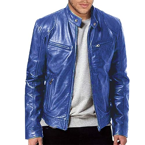 XQXCL Mens PU Faux Leather Jacket Stand Collar Zip Coats Waterproof Motorcycle Lightweight Bomber Biker Outwear,Blue,3X-Large