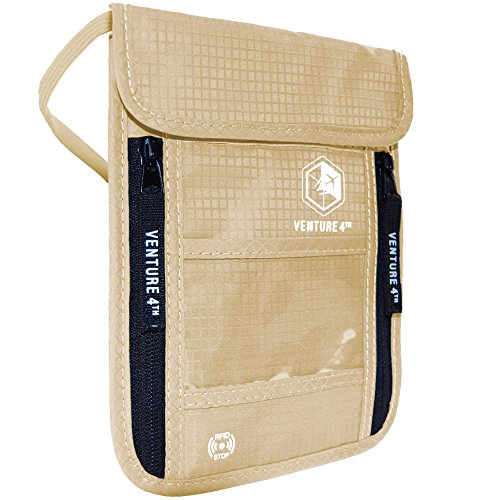 VENTURE 4TH Passport Holder Neck Wallet with RFID Blocking Nylon Lining - Hidden Neck Pouch for Travel (Beige)