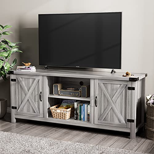 YESHOMY Modern Farmhouse TV Stand with Two Barn Doors and Storage Cabinets for Televisions up to 65+ Inch, Entertainment Center Console Table, Media Furniture for Living Room, 58 Inch, Gray Wash