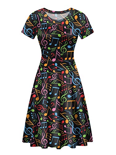 POLERO Women Lady Animal Colorful Music Notes Print Short Sleeve Summer Dress Round Neck Chic Flowy Midi Dresses Size M