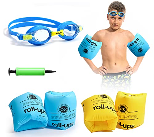 Arm Floaties for Kids, Aoeoun PVC Inflatable Swim Arm Bands Rings and Swimming Goggles with Anti-Fog and Anti-UV(4 Pack), Pool Swim Floaties for Kids and Adults, Great Gift for Beginner Swimmers