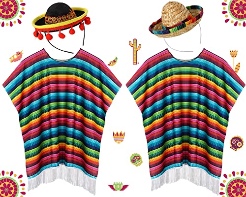JaGely 4 Pcs Cinco De Mayo Mexican Fiesta Serape Poncho Fabric and Straw Sombrero Headbands Mexican Costume (Retro)