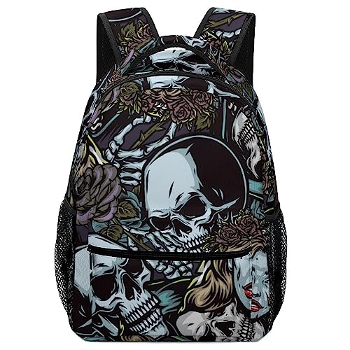 MEIKKO Death Skull Vintage Backpack Halloween Night Large Casual Daypack with Chest Strap,Lightweight Computer Bags for Women Men Hiking Travel Work and Business 16 Inch
