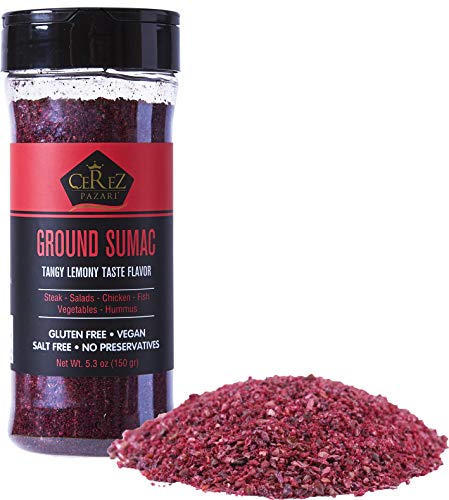 Cerez Pazari - Sumac Spice Powder - Turkish Sumac Seasoning - 5.2oz Easy To Use Flapper Spice Cap- Tangy Lemony Taste Flavor- Salt Free, Gluten Free, Middle Eastern and Mediterranean Spices