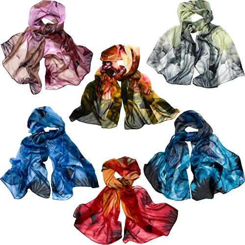 6 Pcs Scarves for Women Lightweight Silk Summer Floral Print Pattern Scarf for Women Dressy Fashion Long Thin Scarf Shawl (Bright Style)