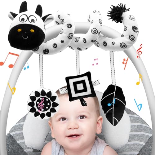 FATI Baby Carseat Hanging Toys, Spiral Car Seat Toys for Babies 0-6 Months Boys Girls, Stroller Plush Activity Toys for Newborn 0 3 6 9 12 Months, Black and White High Contrast Toy for Baby Ideal Gift