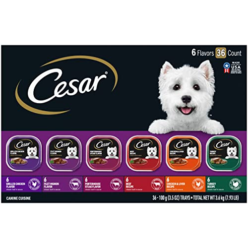 CESAR Adult Wet Dog Food Classic Loaf in Sauce Grilled Chicken, Filet Mignon, Porterhouse Steak, Beef, Chicken & Liver and Turkey Variety Pack, 3.5 Ounce (Pack of 36)