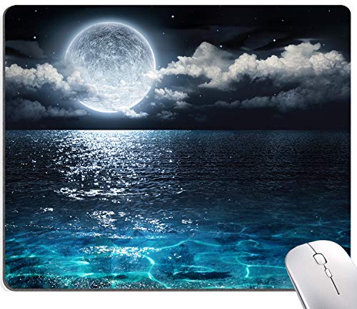 Moon Illuminating The Clear Blue Ocean Design Mouse Pad, Mouse Mat Square Waterproof Non-Slip Rubber Base MousePads for Computer Laptop Men Women Kids