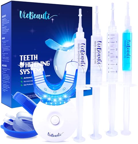 VieBeauti Teeth Whitening Kit Gel: LED Light with Carbamide Peroxide, Mouth Trays, Remineralizing Gel and Tray Case for Sensitive Teeth, Professional Oral Beauty Products Dental Tools