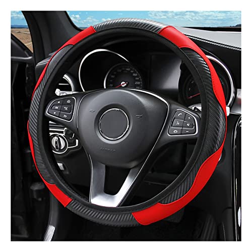 Car Steering Wheel Cover, Microfiber PU Leather Elastic Carbon Fiber Auto Steering Wheel Protector, 15 Inch Breathable Anti-Slip for Women Men, Car Interior Accessories for Most Cars (Black/Red)